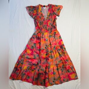 Lovelo Floral Smocked Midi Dress | Bright Pink Tiered Boho | Size M